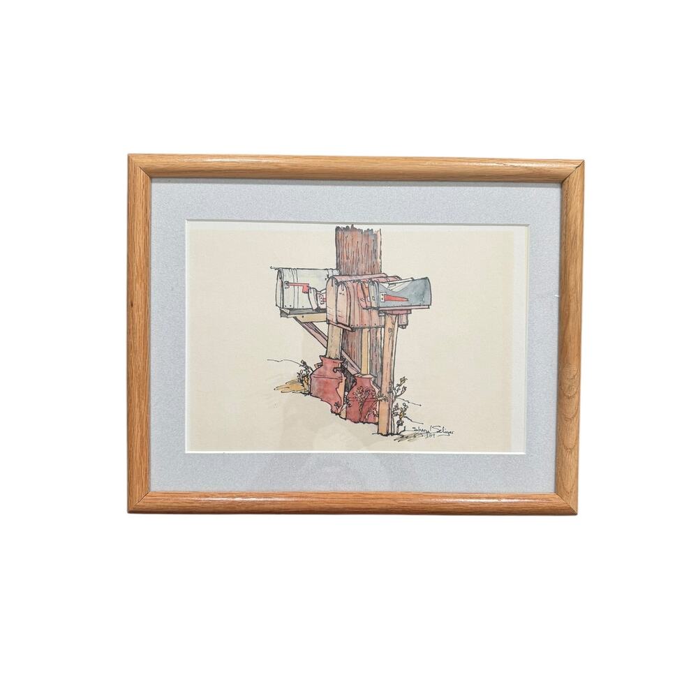 Watercolor Sheryl Selinger 1989 Rural Mailboxes & MIlk Jugs Framed Matted